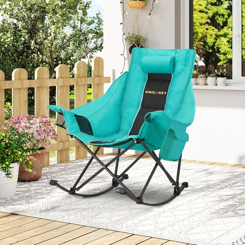 Miniatura 9 de Unisakey Silla mecedora de gran tamaño con reposacabezas y portavasos – Capacidad de 300 libras, tela Oxford 600D, silla mecedora portátil fácil