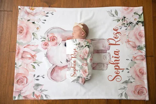 Miniatura 3 de NAZENTI Manta de bebé de elefante personalizada, manta de bebé niña personalizada con nombre y floral, regalo para niñas y niños, recién nacidos