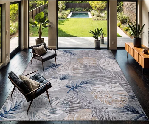 Miniatura 33 de CAMILSON Alfombra para Interiores y Exteriores, Alfombras de Área Azules 5x7 con Hojas Tropicales Botánicas para Patios Interiores y Exteriores