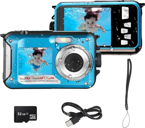 Miniatura 2 de Acuvar Cámara submarina de 48MP con tarjeta de 32 GB – Cámara digital impermeable de 11 pies, selfie de doble pantalla, enfoque automático, cámara