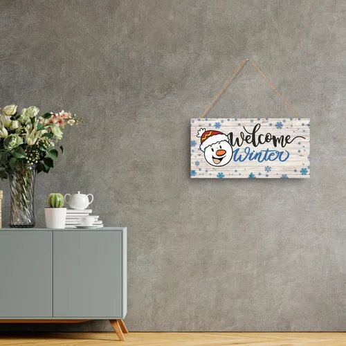 Miniatura 6 de Letrero de bienvenida de invierno, decoración rústica de madera para pared y puerta, muñeco de nieve impreso y copos de nieve, 11.9 x 6 pulgadas