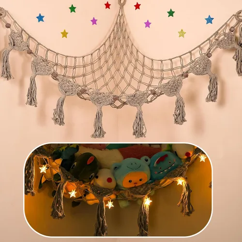 Miniatura 15 de Hamaca para Animales de Peluche de Esquina - 142 cm Jumbo Hecha a Mano de 5mm de Doble Cordón de Macramé para Almacenamiento de Animales de Peluche