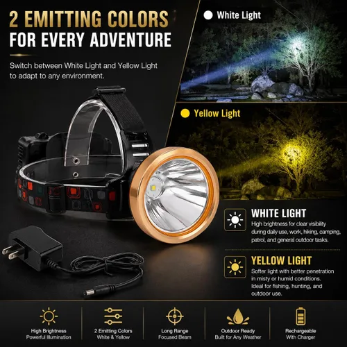 Miniatura 4 de Linterna frontal recargable súper brillante para caza de capullos, linterna LED con fuente de alimentación, linterna impermeable para caza al aire