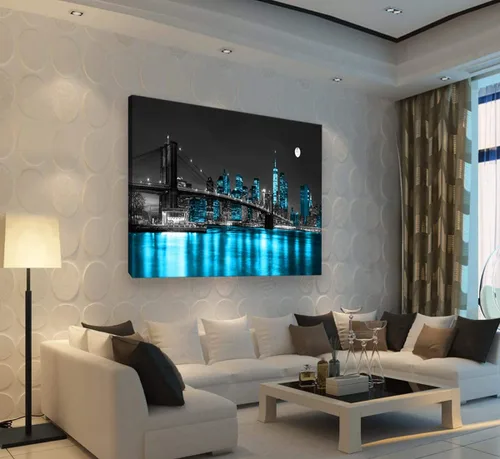 Miniatura 2 de Aibonnly Arte de Pared Pintura en Lienzo Negro, Blanco y Azul Puente de Brooklyn de Nueva York 1 Pieza Paisaje Urbano Nocturno Edificio Imagen