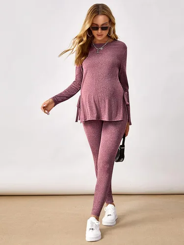 Miniatura 4 de OYOANGLE Conjunto de camiseta de maternidad con cuello redondo y nudo lateral para mujer