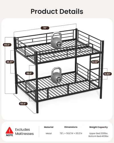 Miniatura 2 de Mixcous Litera de metal matrimonial sobre matrimonial para adultos y niños, convertible a 2 camas separadas de tamaño matrimonial, estructura