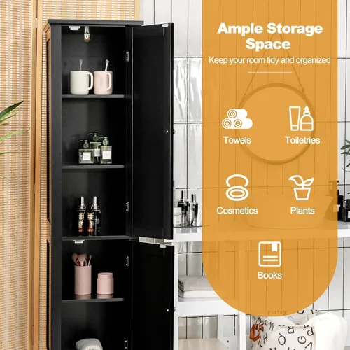 Miniatura 5 de COSTWAY Armario Alto de Almacenamiento para Baño, Gabinete de Torre de Lino Independiente de 5 Niveles con 2 Puertas, Organizador de Almacenamiento