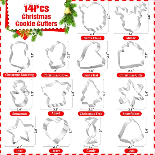 Miniatura 3 de MAPVOLUT Juego de 14 cortadores de galletas de Navidad, patrones clásicos de Navidad, acero inoxidable de grado alimenticio, fácil de desmoldear