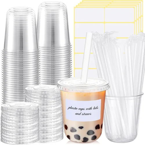 Miniatura 7 de Ziliny 25 juegos de vasos de plástico transparente con tapas, pajitas y pegatinas, vasos desechables de PET engrosado para café helado, té