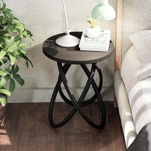 COZAYH Mesa auxiliar redonda estilo granja de madera, mesa lateral rústica soporte para plantas con diseño de líneas entrelazadas para sala de Negro