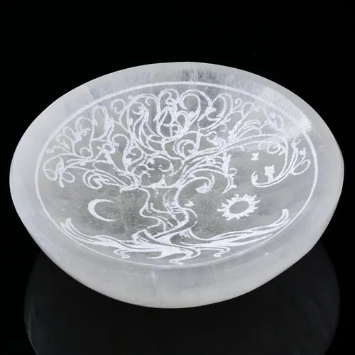Miniatura 9 de AMOYSTONE Cuenco de carga de selenita natural con grabado de mandala, placa de cristal de limpieza energética de 5.5 pulgadas para meditación