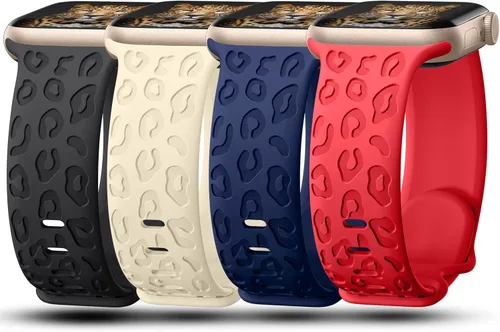 CreateGreat - Paquete de 4 bandas grabadas con diseño de leopardo compatibles con Apple Watch para mujeres de 38mm 40mm 41mm 42mm 44mm 45mm 46mm