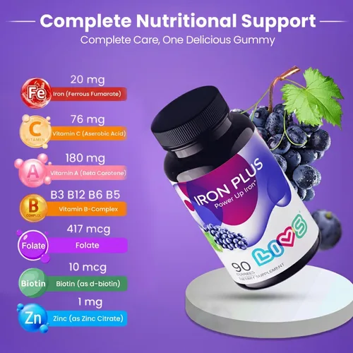 Miniatura 6 de LIVS Gomitas Iron Plus – Suplemento de hierro suave de 20 mg para mujeres y hombres – Apoyo a la anemia – Vitamina C para absorción – Biotina