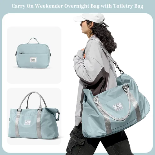 Miniatura 6 de Bolsa de viaje para mujer, bolsa de fin de semana con bolsillo húmedo y manga de carrito, bolsa de mano deportiva para gimnasio, C-azul pálido