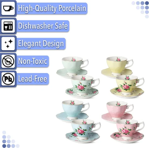 Miniatura 4 de BTAT - Juego de 8 tazas de té y platillos florales (8 onzas), juegos de tazas de té de porcelana, colores surtidos con ribete dorado y caja