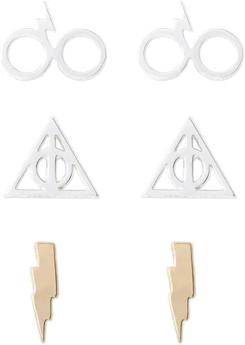 Harry Potter Aretes para mujer, paquete de 3, licencia oficial chapados en oro o plata, reliquias de la muerte y pernos de rayo, Latón, No es una