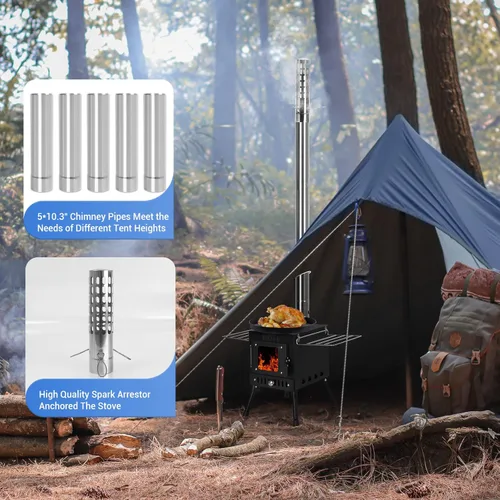Miniatura 3 de Estufa de leña, estufa de madera con tubos de chimenea, pequeña estufa de madera para acampar con protección contra chispas y tubo ajustable