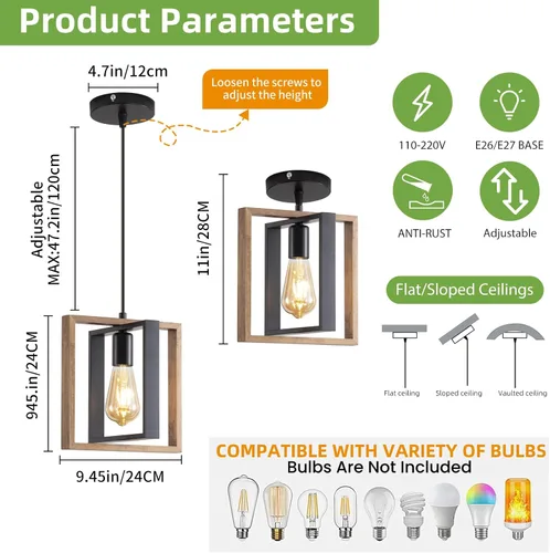 Miniatura 3 de Lámpara colgante estilo granja, luces colgantes negras para isla de cocina, luz colgante de metal industrial y madera vintage, lámpara de techo