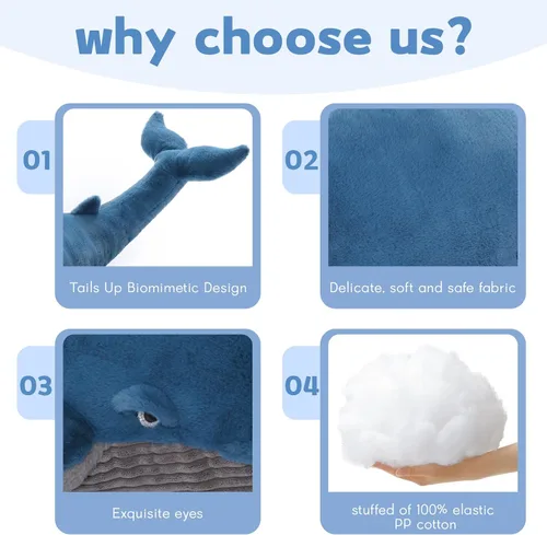 Miniatura 5 de MaoGoLan Ballena de Peluche Rellena de 43 pulgadas, Almohada Grande de Peluche Ballena Azul de 4 pies, Juguete de Ballena Jorobada para Niños