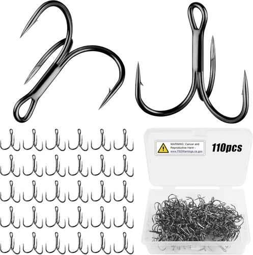 Treble Fishing Hooks, 110pcs Super Sharp Triple Fish Hook Classic Round Bend High Carbon Steel Treble Hooks Barbed for Catfish Bass Trout Freshwater