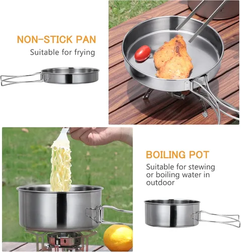 Miniatura 2 de Lixada Juego de utensilios de cocina para camping, 4 piezas de acero inoxidable portátil, juego de ollas y sartenes apilables para acampar,
