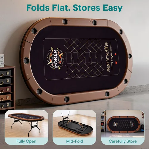 Miniatura 7 de SereneLife Player - Póker plegable ovalado, mesa Texas Holdem, con riel acolchado resistente al agua, 10 portavasos, superficie de fieltro marrón
