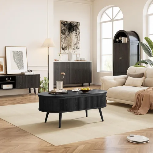 Miniatura 7 de Mesa auxiliar ovalada con almacenamiento, moderna mesa de centro acanalada con parte superior elevadora, mesas de centro pequeñas con Negro