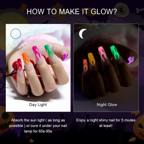 Miniatura 6 de RARJSM Juego de 6 esmaltes de uñas de gel que brillan en la oscuridad, color verde fluorescente, naranja, rosa intenso, morado, rojo, efecto