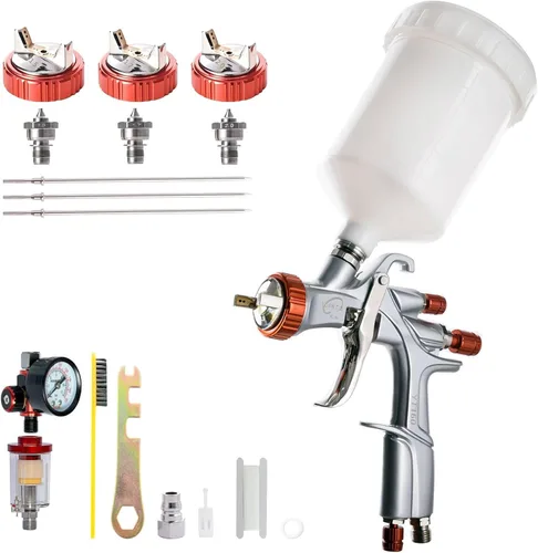Miniatura 9 de DAXINYANG R500 Pistola rociadora LVLP con boquillas de 1.3/1.5/1.7/2.0mm, Válvula de control de flujo de aire y filtros de pintura, Pistolas