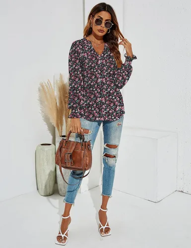 Miniatura 4 de Romanstii Camisetas casuales con cuello en V para mujer, blusas sueltas de manga larga abombada