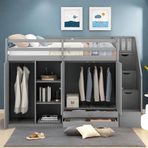 Miniatura 3 de SOFTSEA Cama tipo loft de tamaño individual con escalera de almacenamiento y armario, marco de cama funcional de madera maciza con estantes