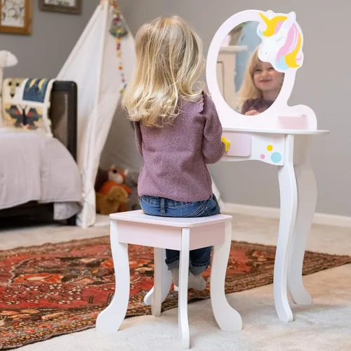 Miniatura 4 de Fat Brain Toys Unicorn Magic Vanity con espejo y taburete, juego de madera, 3+