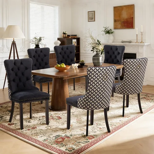 Miniatura 23 de Juego de 4 sillas de comedor de terciopelo, sillas de comedor tapizadas con ribete de cabeza de clavo y patas de madera maciza para cocina