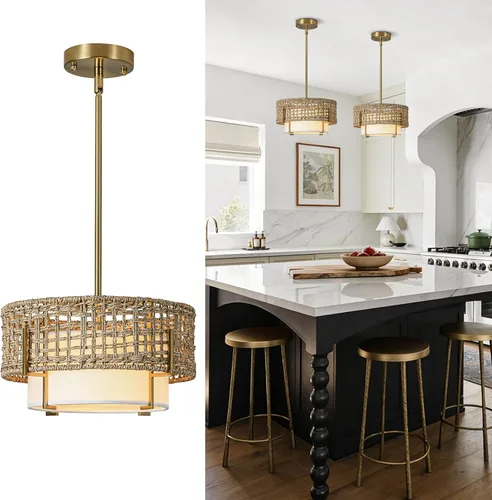 Miniatura 13 de Lámpara Colgante de Ratán, Candelabro Boho de 12.6" con Pantalla de Tela, Lámpara Colgante Estilo Granja Candelabro para Comedor, Sala de Estar