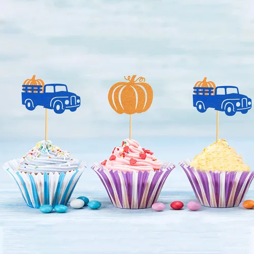 Miniatura 8 de Ercadio Paquete de 24 adornos de calabaza para cupcakes con purpurina de cosecha de otoño, calabaza, cupcakes, decoraciones para calabaza, tema