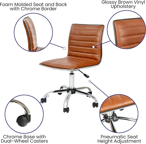 Miniatura 4 de Flash Furniture - Silla de oficina, vinilo marrón, estructura cromada, sin reposabrazos, asiento y respaldo acanalados, diseño de respaldo bajo