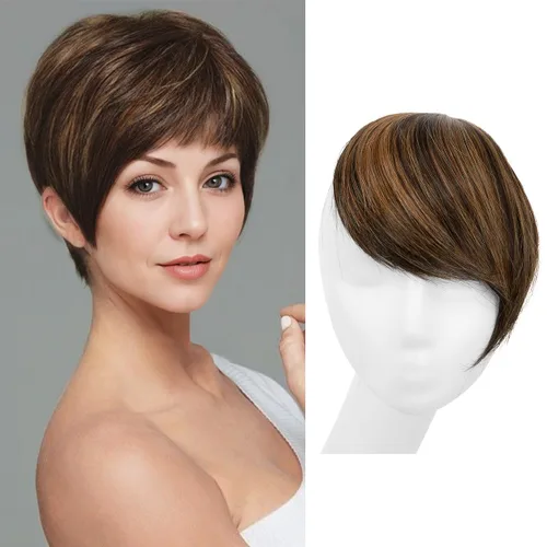 Miniatura 18 de SARLA Flequillo lateral negro marrón con clip en piezas de cabello sintético, extensión de flequillo recto para mujeres