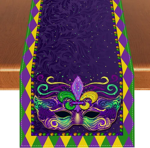 Camino de mesa Mardi Gras, mantel de carnaval brasileño de Nueva Orleans, martes grasos, decoraciones y suministros para mesa de cocina del hogar,