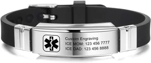 MOWOM Medical - Pulsera de silicona con grabado personalizado, con identificación, alerta médica, pulsera ajustable para hombres, mujeres, niños, de