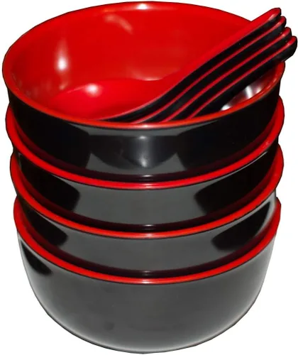 Calvin & Co Juego de 4 cuencos y cucharas de melamina y miso para cereales de 5 pulgadas (pequeño, rojo y negro) 11 onzas líquidas