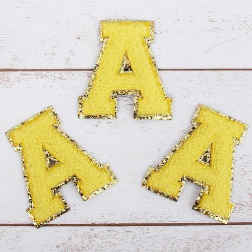 Miniatura 106 de Paquete de 3 parches de felpilla termoadhesivos con brillantina de las letras "S" de 2.0 in de alto, tela de felpilla negra con ribete dorado