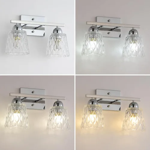 Miniatura 4 de Mecgirn Lámpara de tocador de baño de acero inoxidable sobre espejo, 2 lámparas de baño cromadas pulidas con pantallas de vidrio texturizado, Cromo