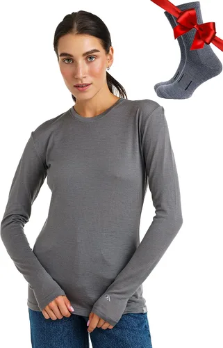 Merino.tech Capa base de lana merina para mujer, 100% lana merina, ligera, de peso medio, manga larga, camisas térmicas + calcetines de lana