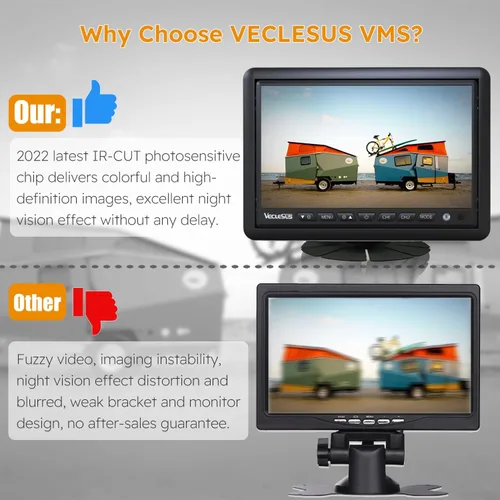 Miniatura 6 de VMS 1080P HD Sistema de cámara de respaldo para vehículos, entrada de señal de 2 videos, monitor IPS de 7 pulgadas de ancho
