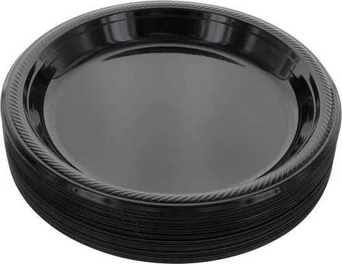 Amcrate Platos desechables de plástico, negro, 10.4 pulgadas, fuertes y resistentes para fiestas, cenas, vacaciones, picnic, viajes, paquete de 50
