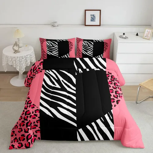 Miniatura 21 de Juego de edredón Manfei Leopardo Rosa Tamaño Individual, Juego de ropa de cama con estampado de cebra negro y blanco 2 piezas para decoración