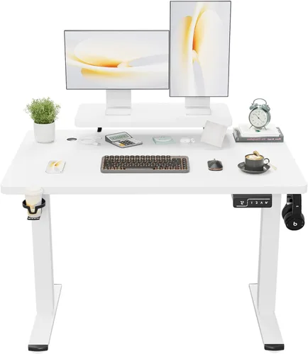 Shahoo Escritorio eléctrico de pie con estante para monitor, mesa de esquina ajustable de altura de 47 x 24 pulgadas, estación de trabajo para