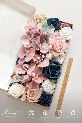 Miniatura 6 de Ling's moment Caja de flores falsas, tallos de vegetación artificiales artificiales, rosas de espuma, orquídea de seda, ranúnculo, flor fábica