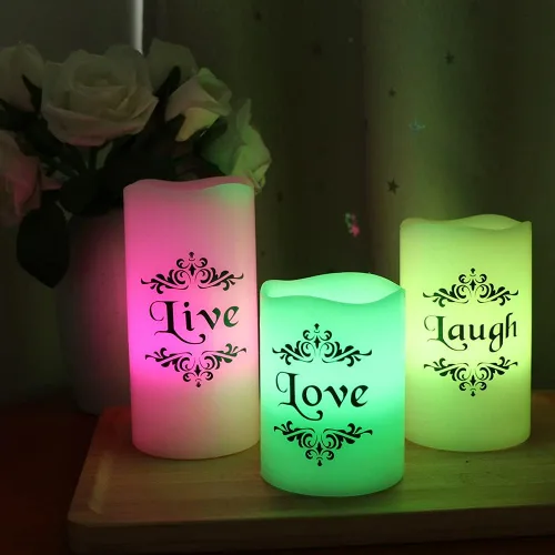Miniatura 4 de Velas LED sin llama que cambian de color con control remoto de 18 teclas y temporizador, calcomanías de Live Love Laugh que funcionan