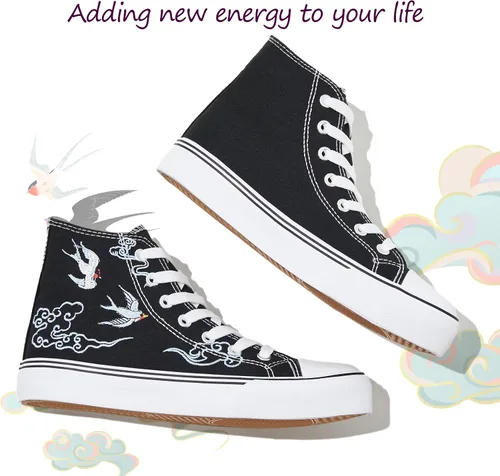 Miniatura 4 de kufeiti Zapatillas de lona altas para mujer, zapatos de lona con cordones, zapatillas blancas y negras, zapatos casuales para caminar